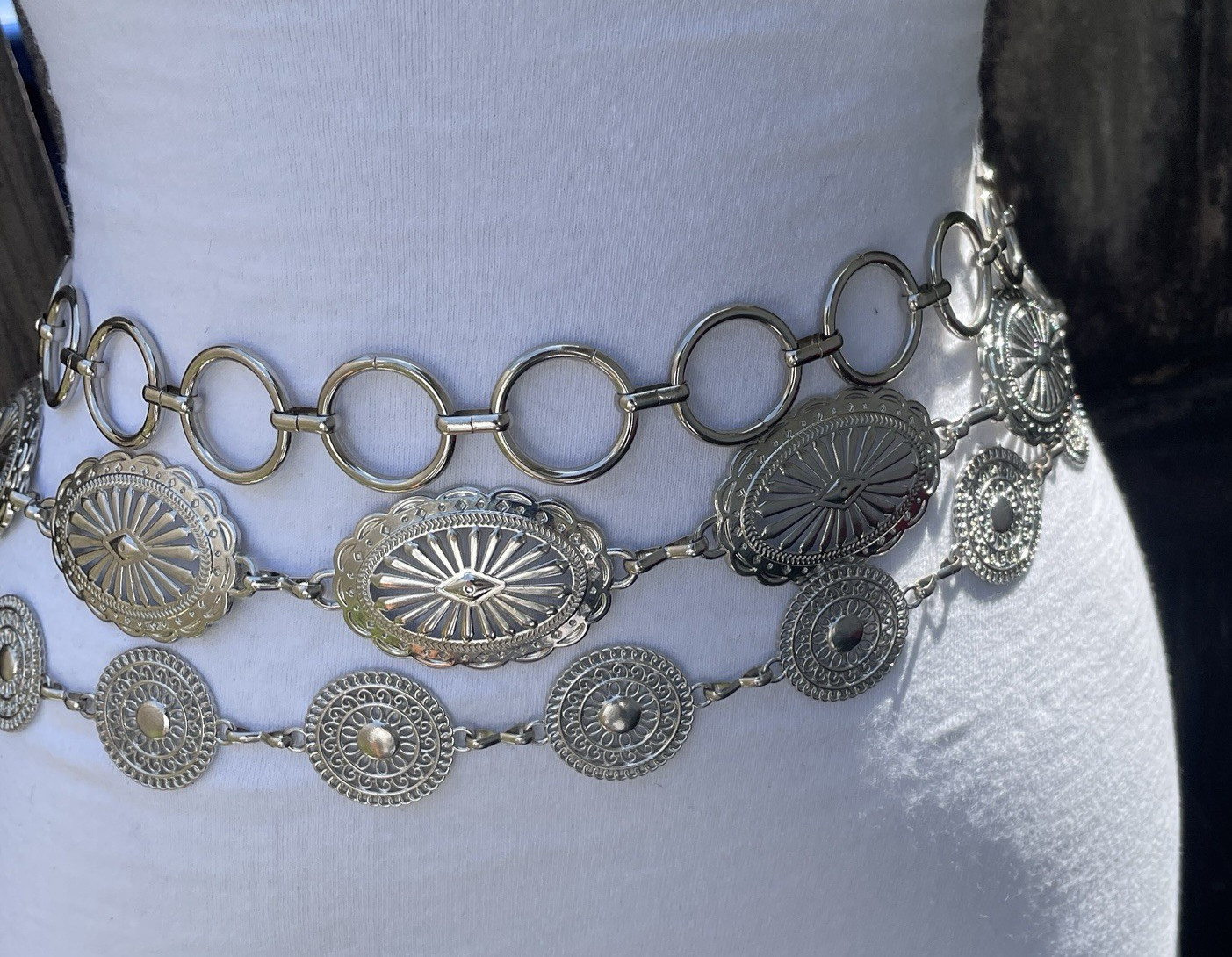 Lot of 3 vintage & Modern Silver Tone Concho & Circle Chain Belts