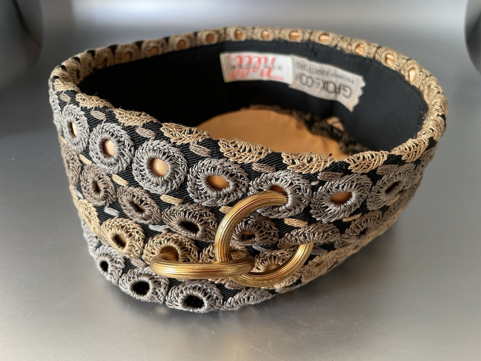 Vintage G.Fox & Co Nell NY Pillbox Hat Embroidered Gold Gray Brown Lined EVC