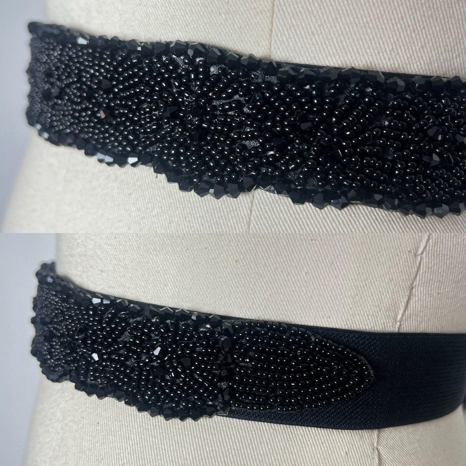 GLASS BEADS 80s 90’s 90s Evening Cocktail Black Beaded Stretch Belt 32-44w L XL