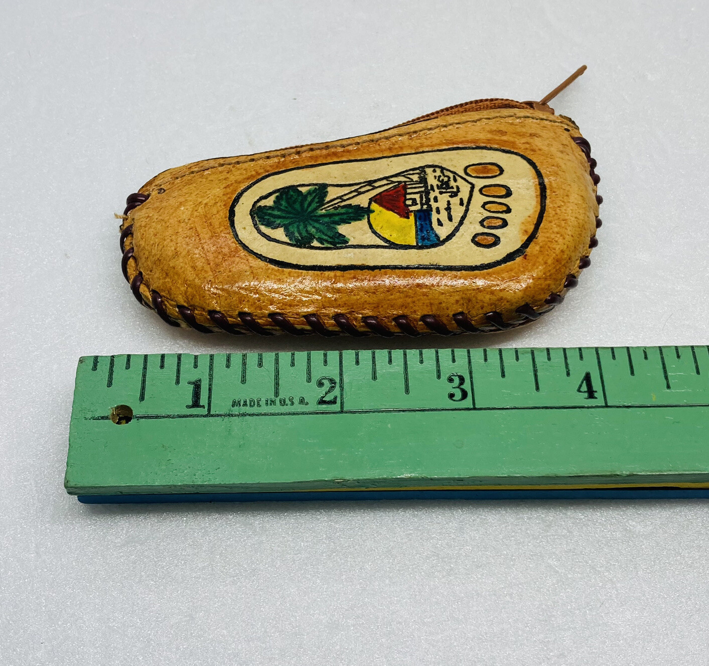 Vintage Leather Coin Pouch Foot Print Shaped Philippines Palm Tree Beach Art O