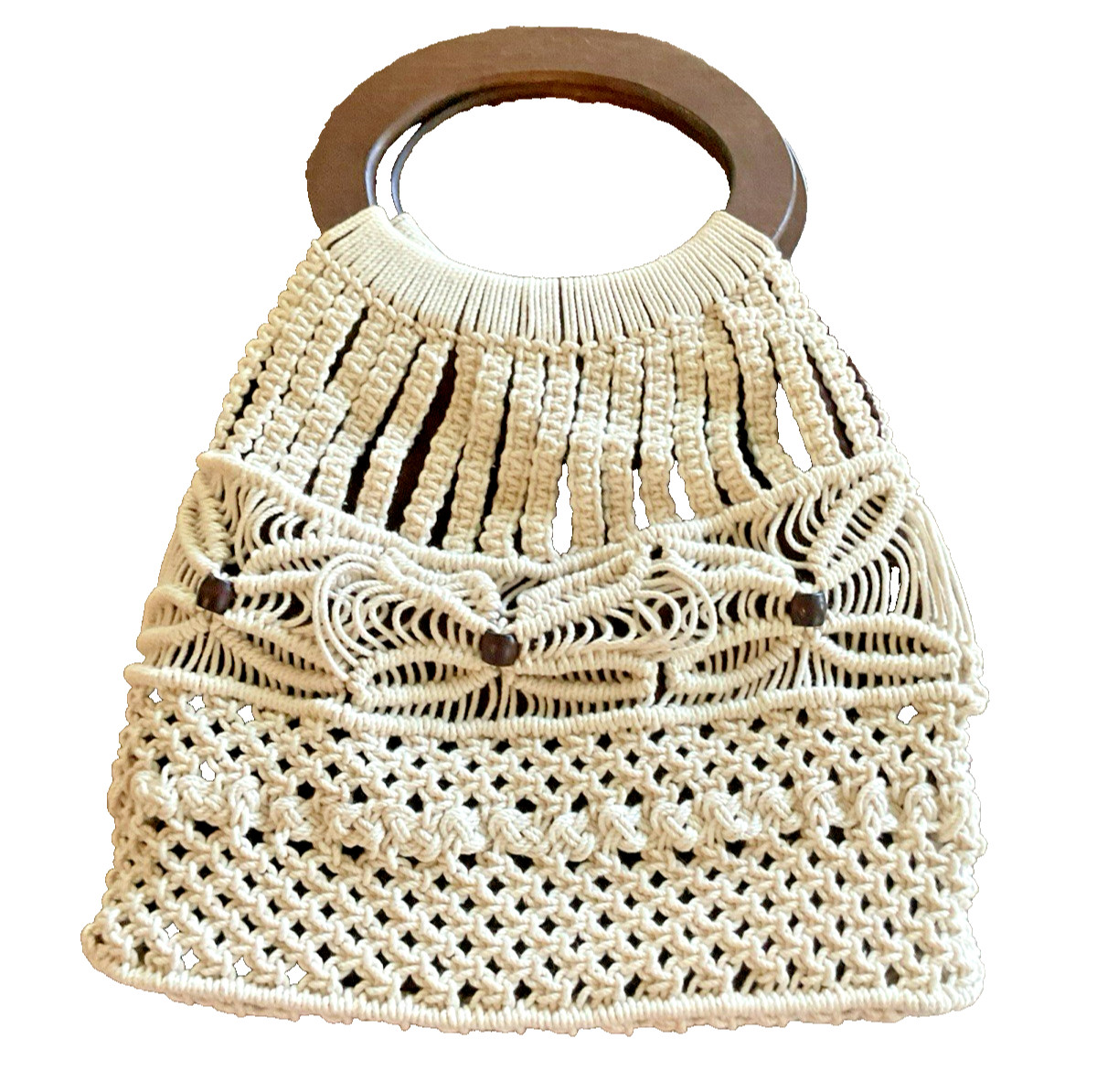 Vintage Macrame Boho Purse With Wooden Handles Wooden Beads Handmade