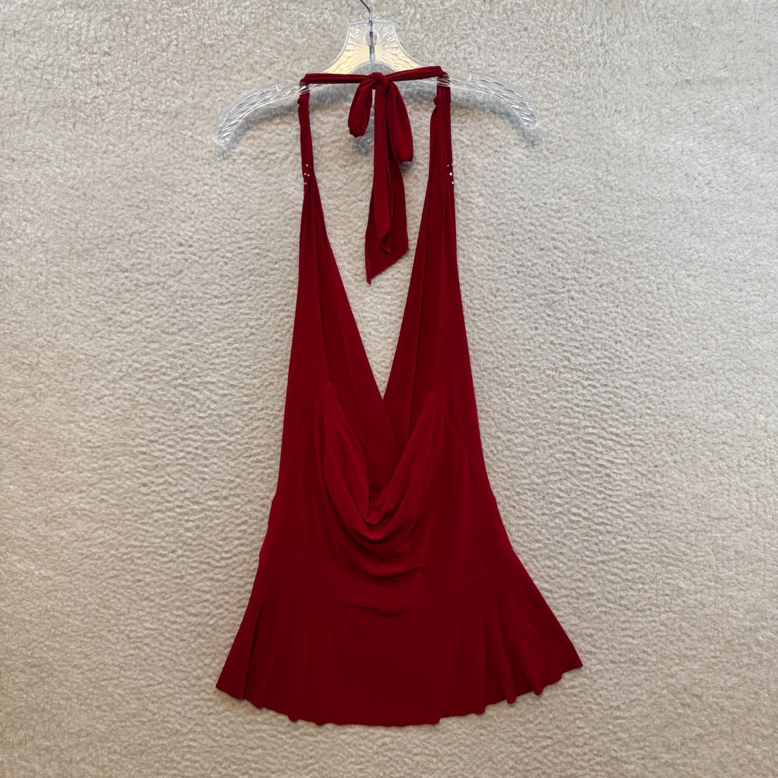 90s Y2K Vintage Halter Mini Dress Large XL Red Plunge Neck Backless Rhinestone
