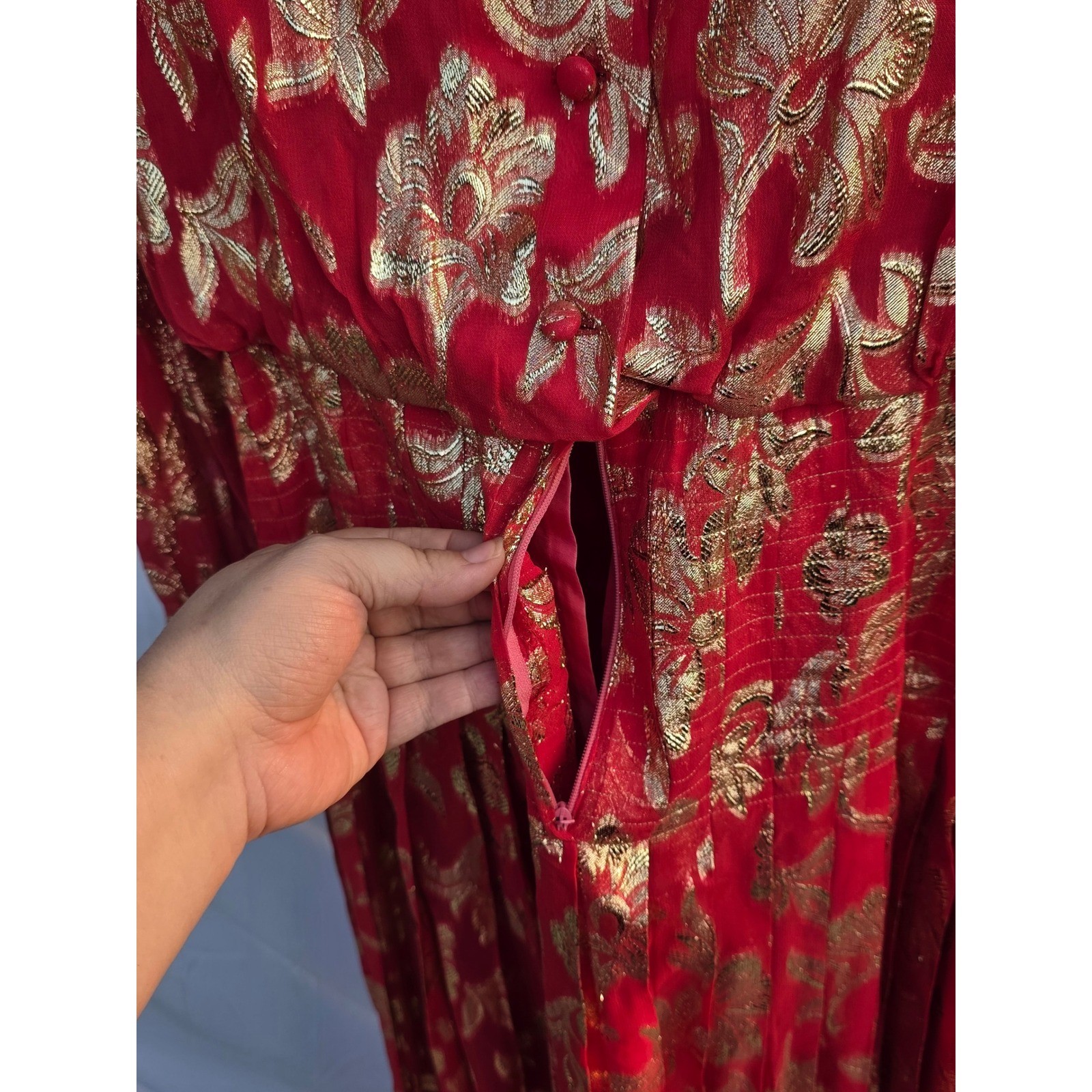 Vintage Raul Blanco Red Gold Metallic Floral Pleated Maxi Dress Evening Gown 12