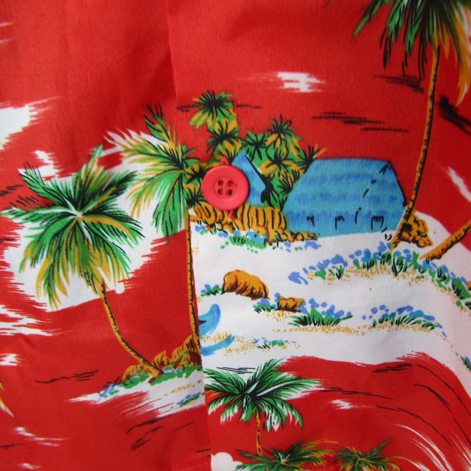 Vintage Islander Mens Red Hawaiian Aloha Shirt Tropical Palm Tree Beach L 70’s