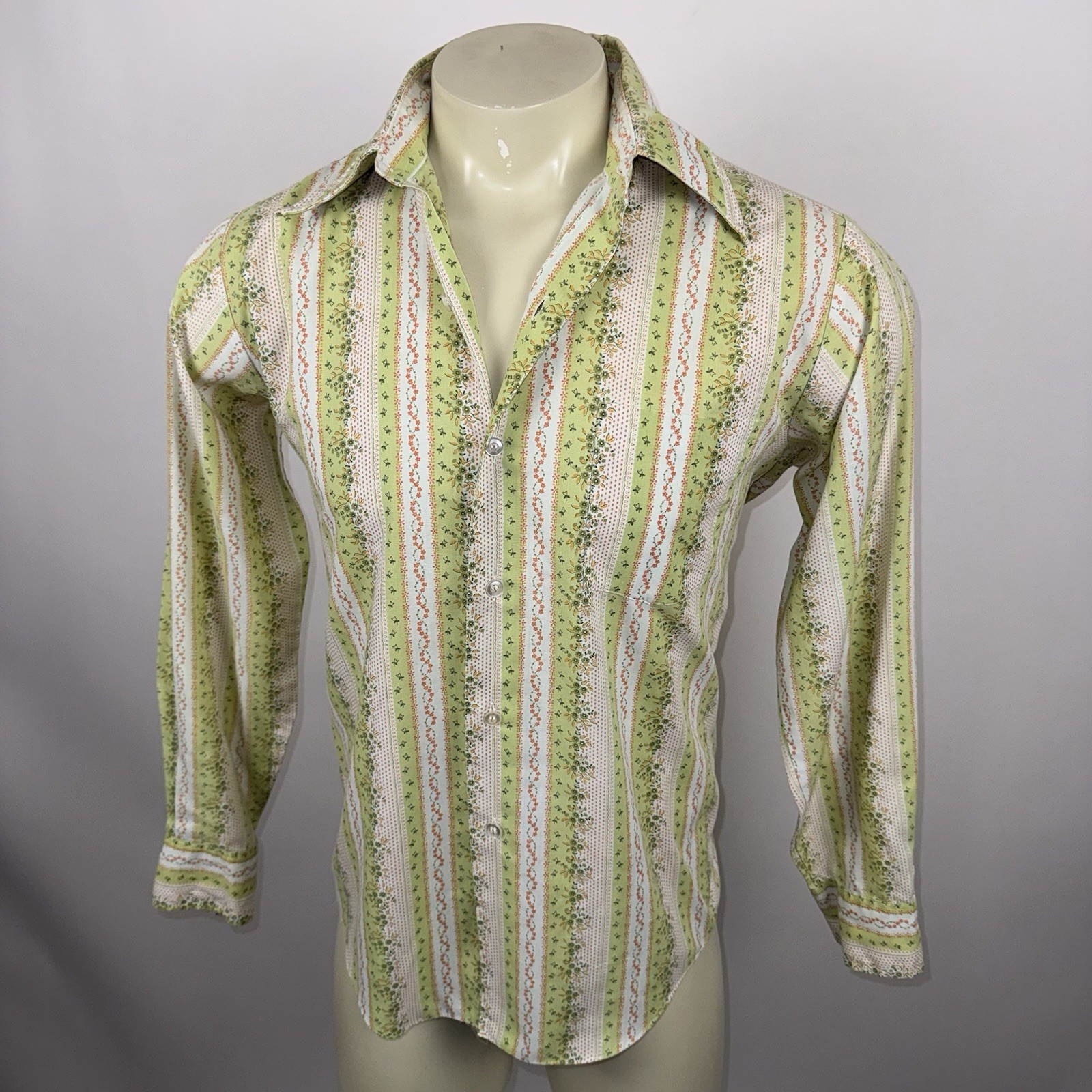 1960s Towncraft Penneys Shirt Vtg Hippie Disco MCM Mod Green Floral Mens Medium