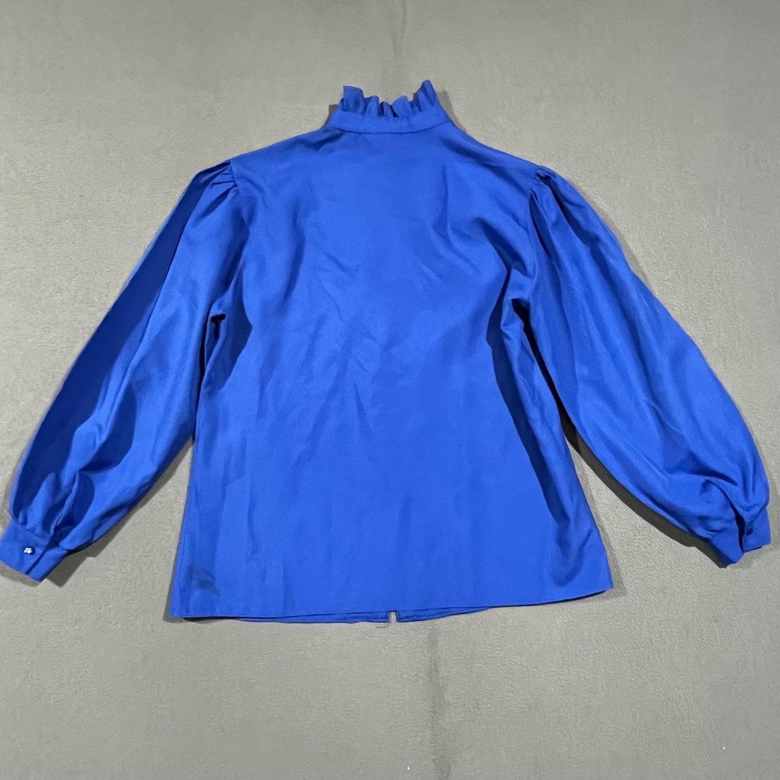 Womens L Blouse Ruffle High Neck Puff Sleeve Royal Blue Vintage 80s