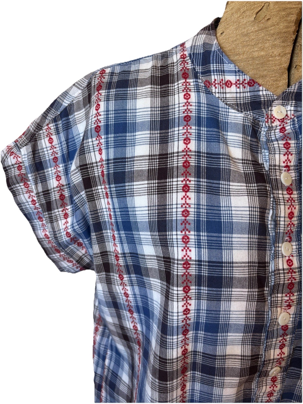 VTG Handmade Plaid Cross Stitch Embroidered Shift Dress House Dress Size MED