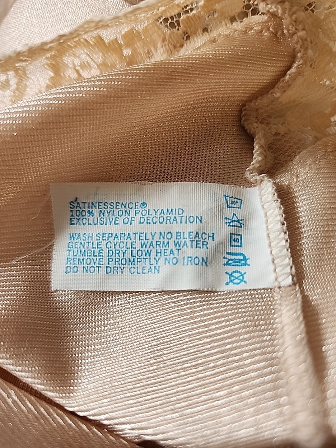Vintage 1960s Vassarette Lace Nylon Slip 34F USA Made Nude Beige Satin Boudoir