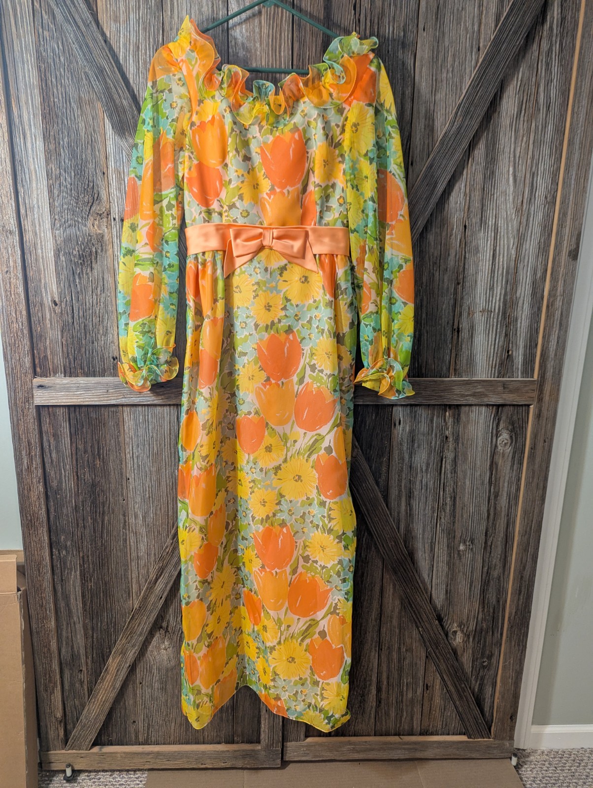 VTG American Nadine 1960/70 Orange Floral Maxi Dress Hippie Retro Boho, SEE PICS