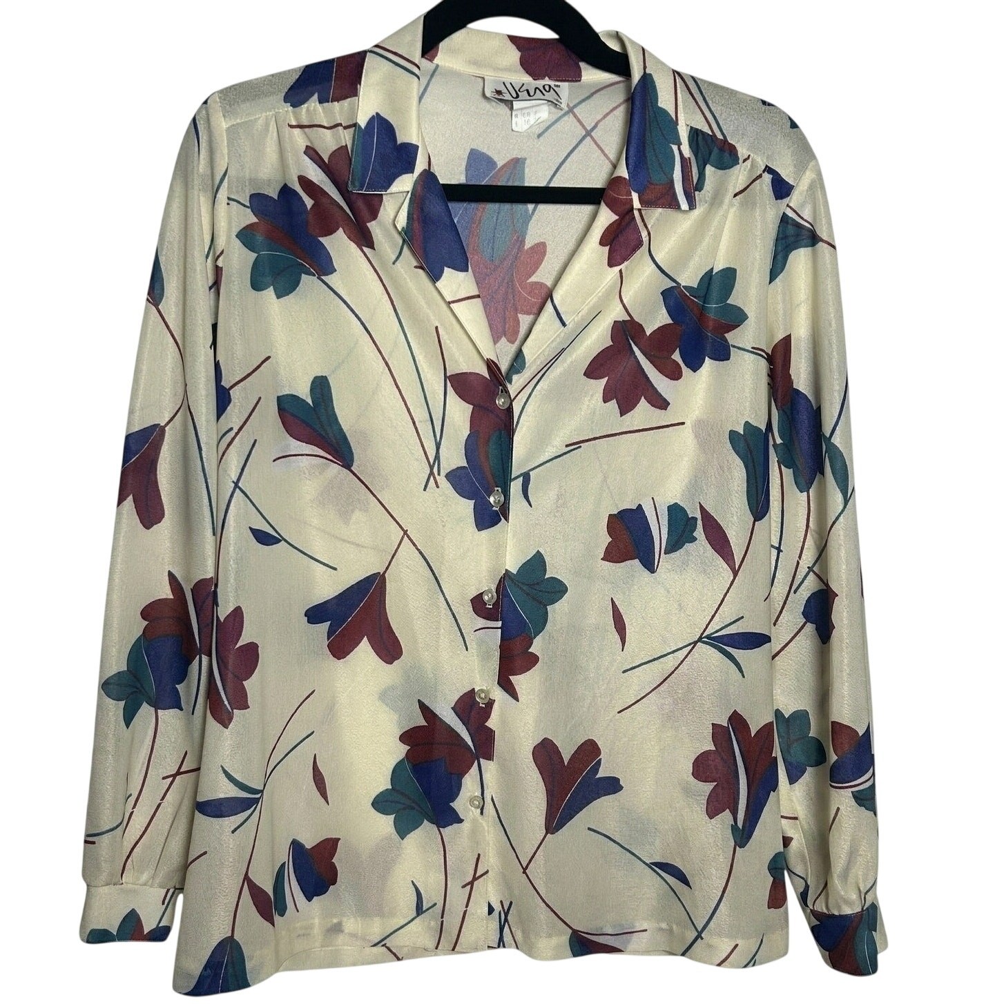 VTG Vera Neumann Ivory Floral Button Up Blouse Large Whimsygoth Boho Retro 70s