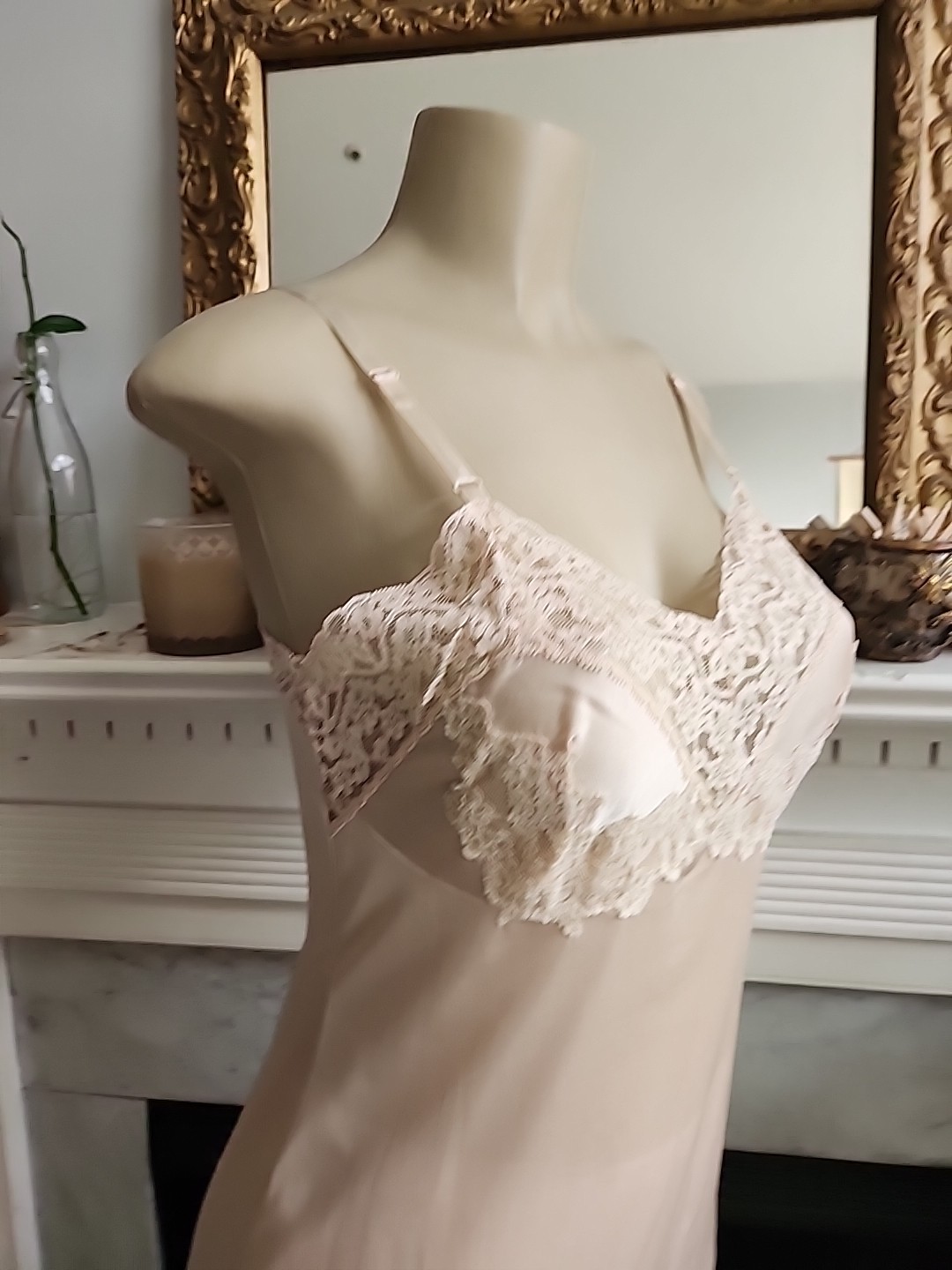 Vintage 1960s Vassarette Lace Nylon Slip 34F USA Made Nude Beige Satin Boudoir