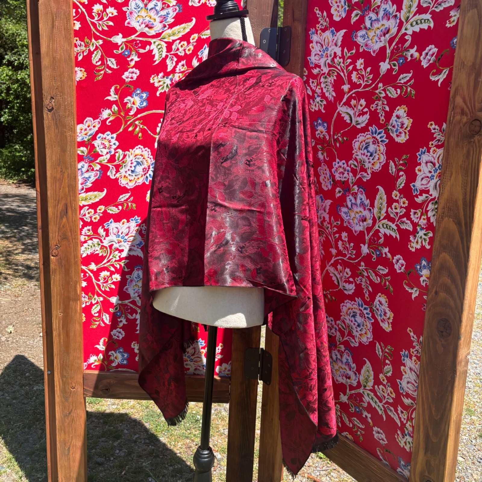 NWT Vintage Silk Blend Red+Black Romantic Goth Floral Witchy Scarf