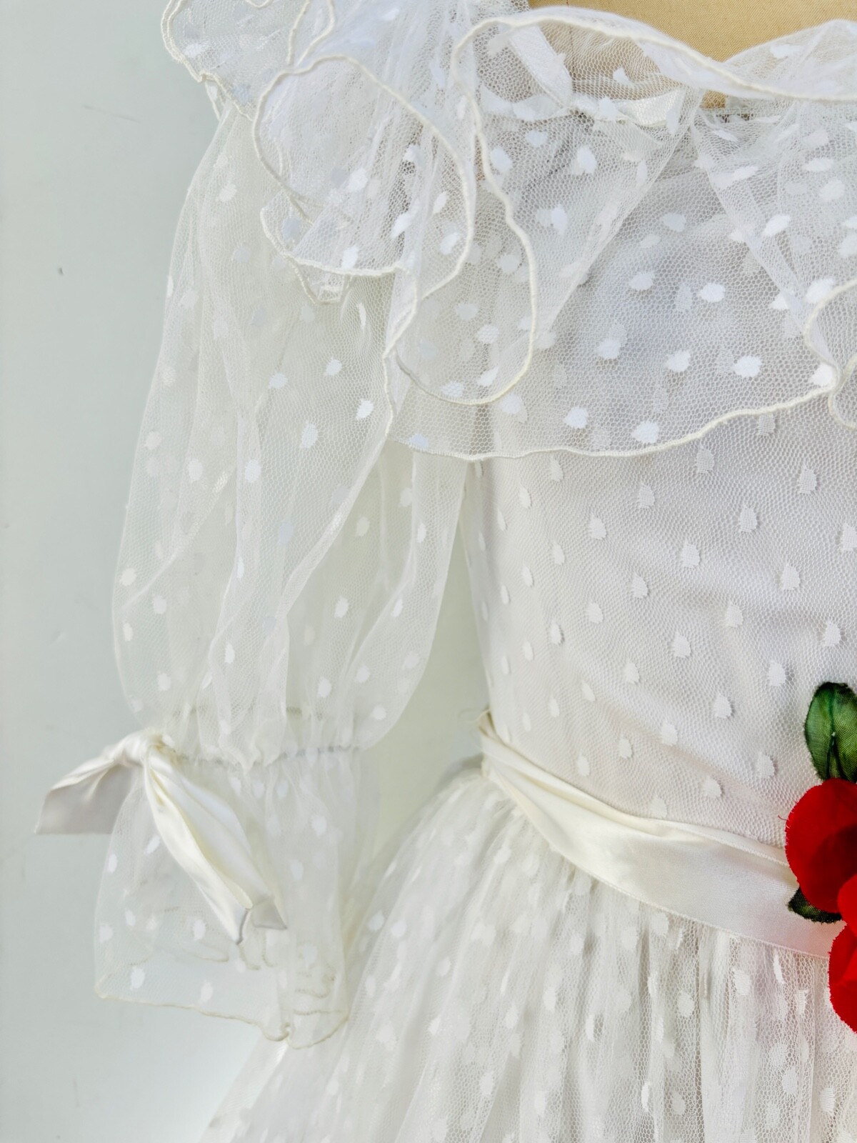 VTG 80s WHITE POLKA DOT TULLE RUFFLE BOW COQUETTE WHITE GOWN PRINCESS DRESS*XS/S
