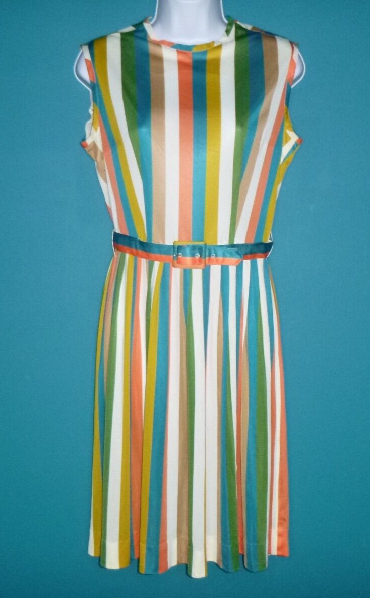 Vtg 60s Nylon Stretch Fabric Dress Multi Color Vertical Stripes Sz S/M