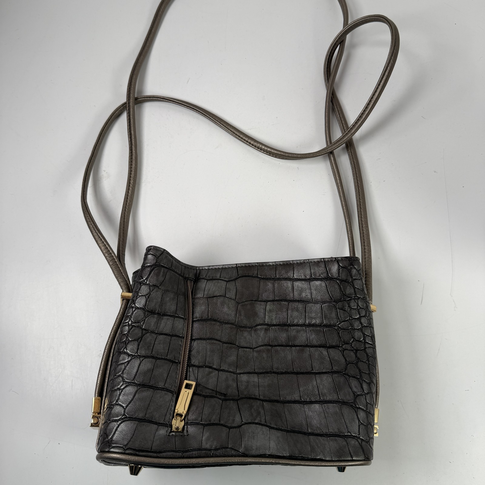 SAMOE Vintage Crocodile Embossed Crossbody Bag Dark Gray Bronze Metallic