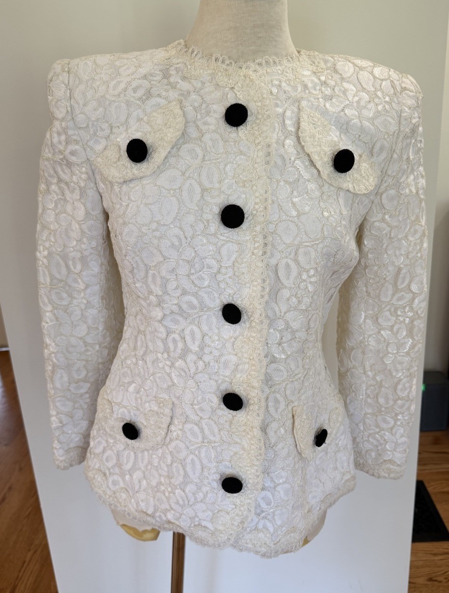 Vintage Bill Blass Iconic White Lace Dress Evening Jacket Black Buttons Sz 6