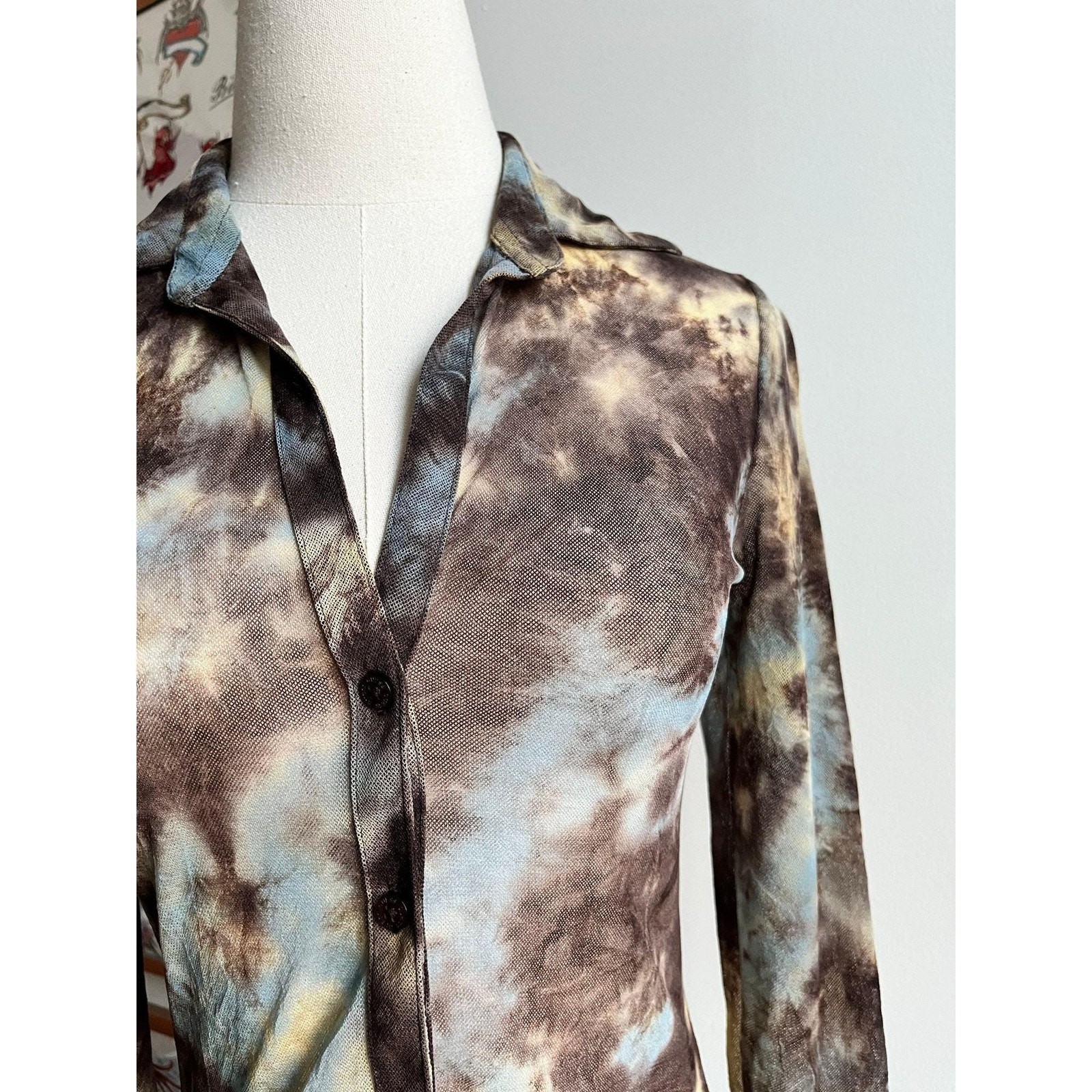 Vintage 90s Mesh Button-Up Top | Guess Sheer Tie Dye Collared Shirt | XS/S
