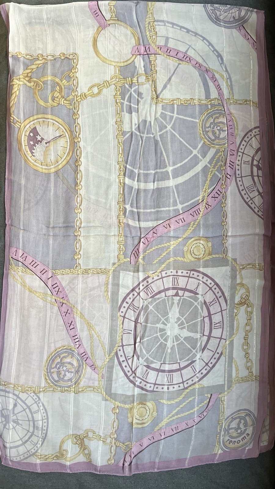 Renoma Vintage Silk Scarf Pink Lavender Clock Print Shawl Wrap Gold Metallic Gor