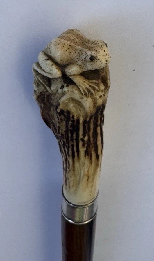 FINE MEIJI PERIOD JAPANESE HAND CARVED FROG ANTIQUE ROSEWOOD WALKING CANE STICK