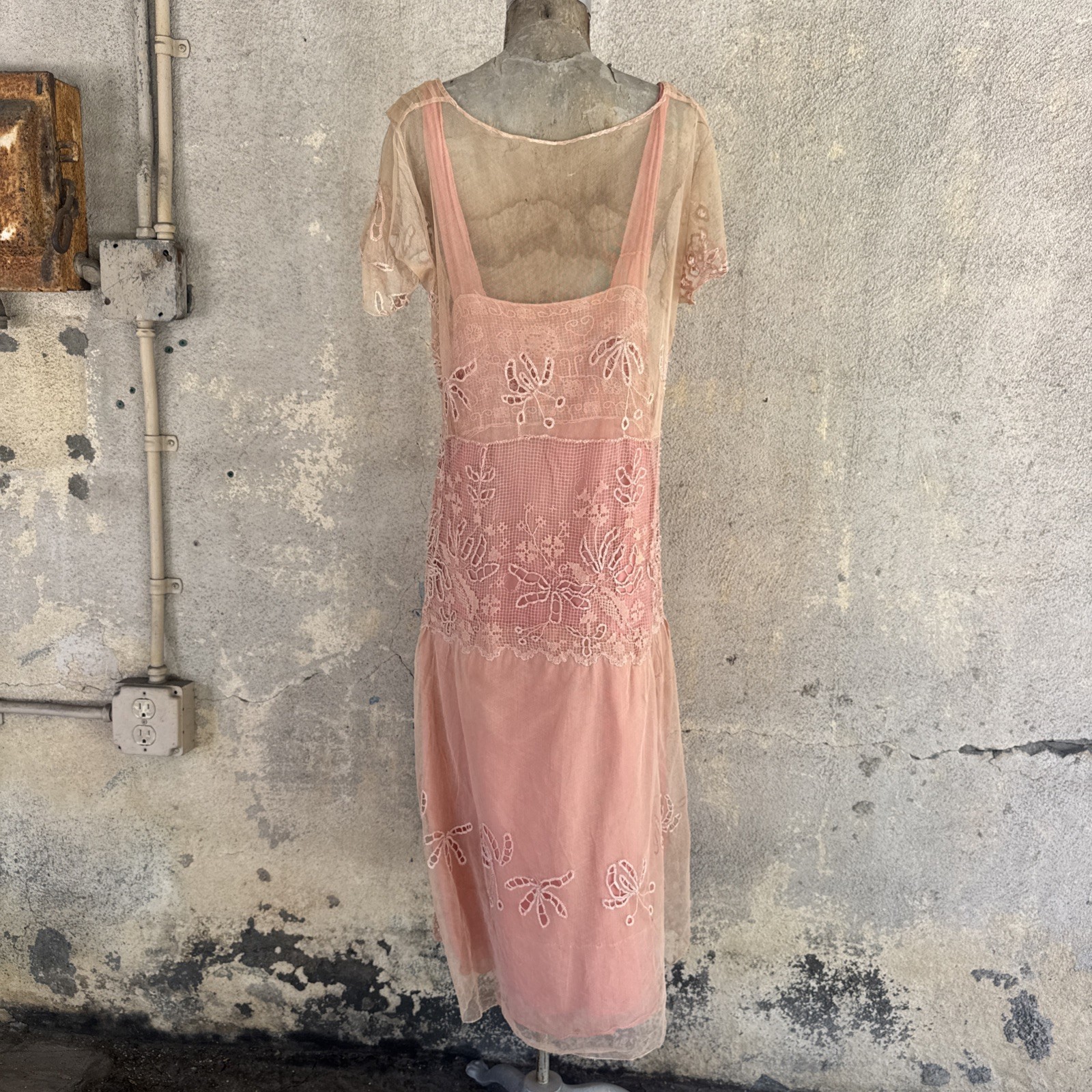 Antique 1920s Cotton Candy Pink French Filet Net Lace &Silk Dress Eyelet Vintage