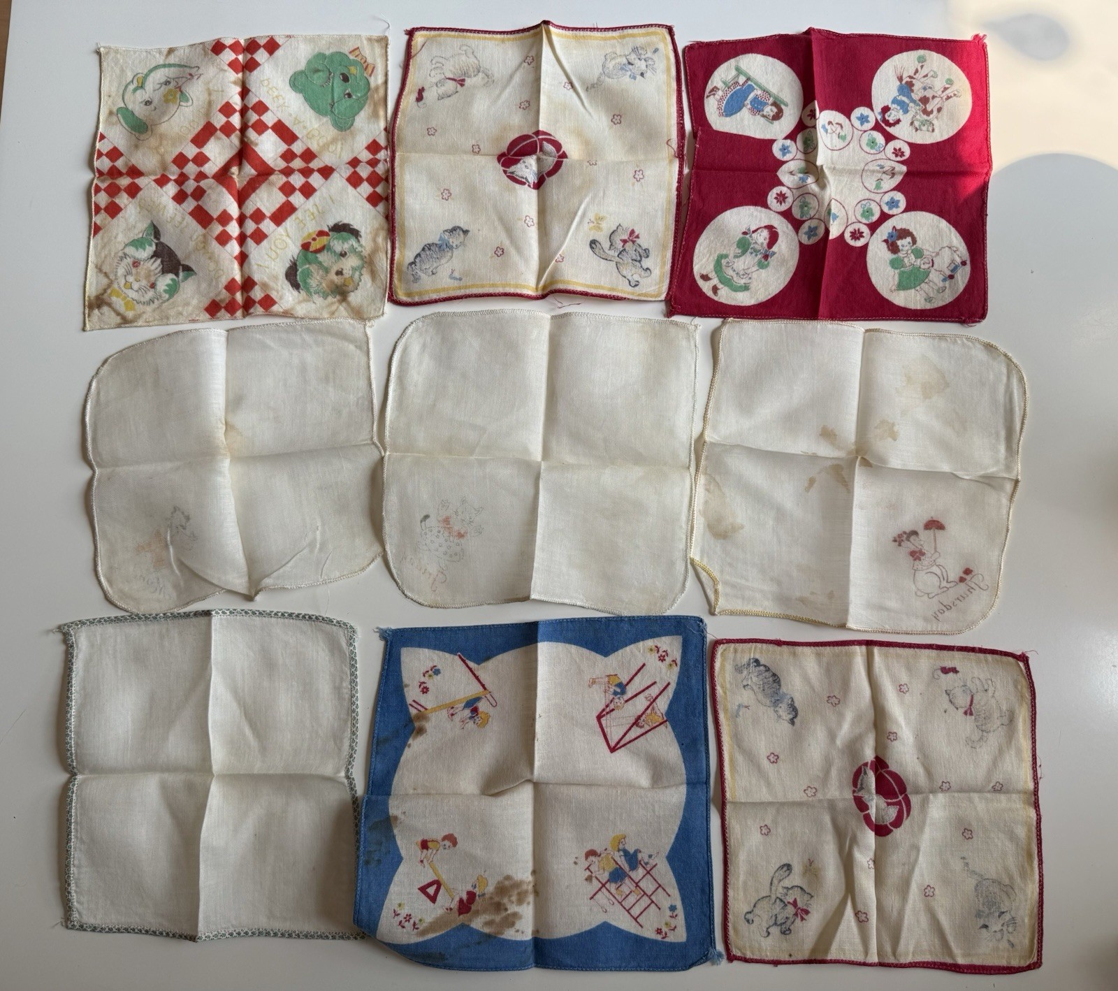 Lot Of 9 Vintage Handkerchiefs Child’s Theme See Pics for Stains