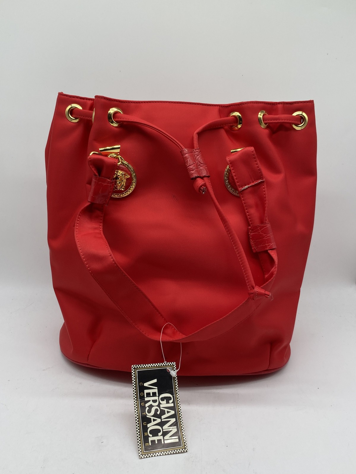 Vintage Gianni Versace Red Nylon Medusa Drawstring Bucket Bag Gold HW COA
