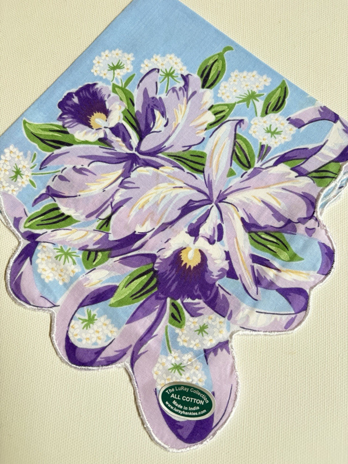 Stunning New LuRay Purple IRIS Handkerchief Hankie With Lovely Scalloped Border