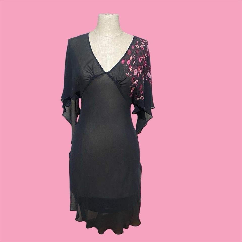 Vintage EXPRESS 90s Silk Mesh Sheer Whimsical Flowy Sleeve MIDI Dress SZ S