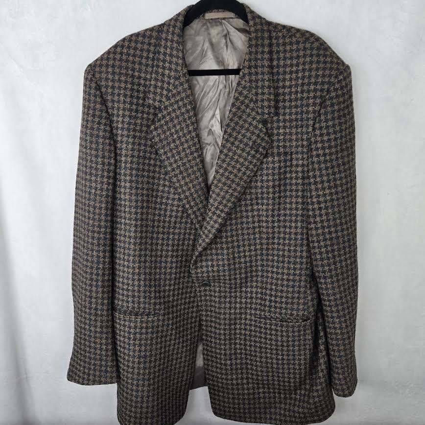 VTG Black Houndstooth Blazer Mens Union Made USA 70’s Sport Coat 46L 100% Wool