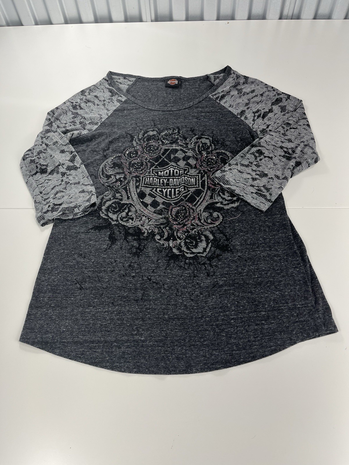 Y2K Harley-Davidson Women’s 3/4 Sleeve Top XL Gray Lace Floral Bling