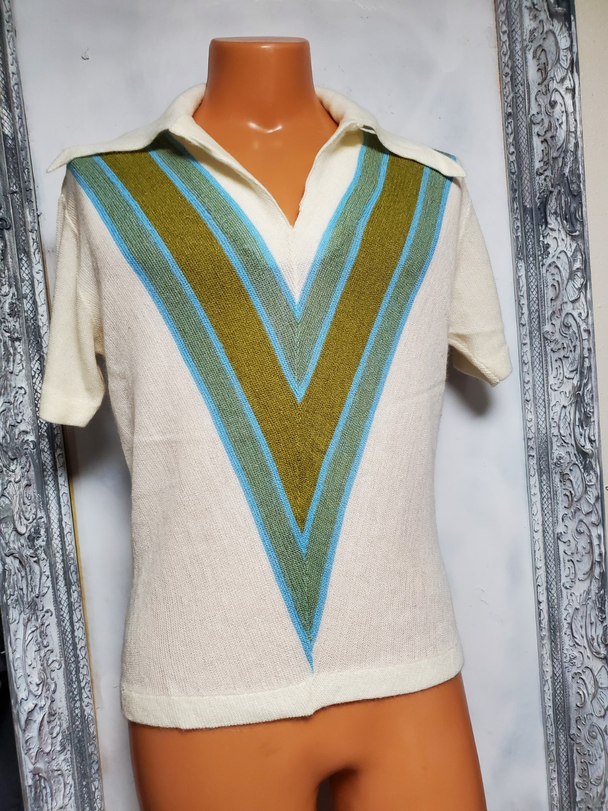 S Vtg 50s 60s Loop Collar Men Dagger Collar Light Sweater Chevron Shirt SS VLV