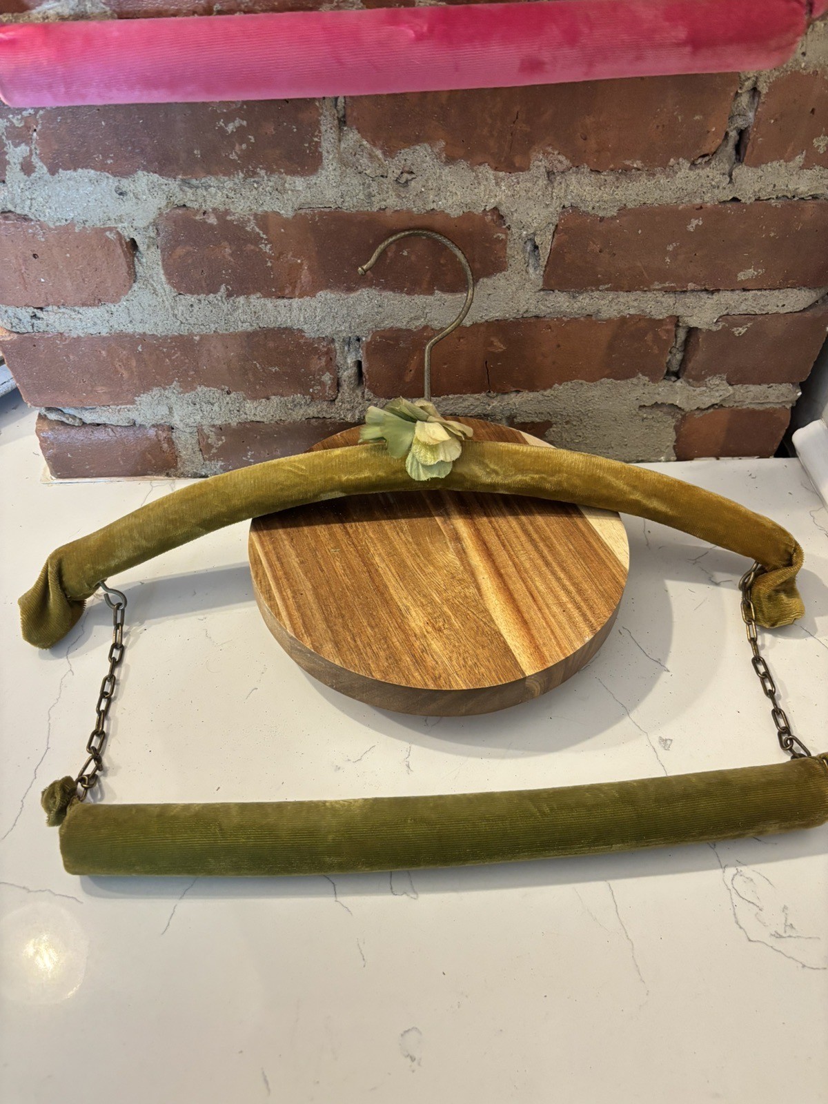 1940s Vintage Two Velvet Coat Hangers Double Boudoir Valet Pink Green