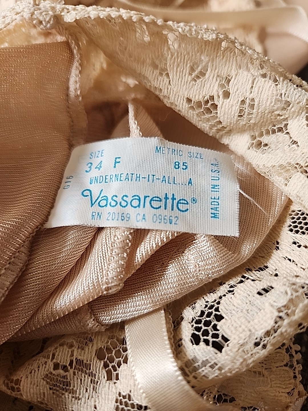 Vintage 1960s Vassarette Lace Nylon Slip 34F USA Made Nude Beige Satin Boudoir