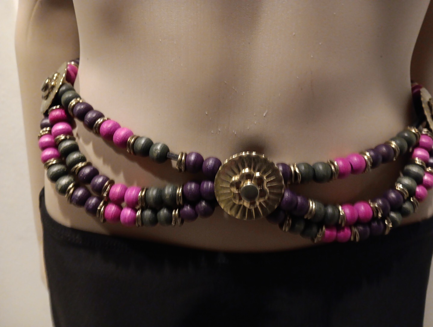 Vintage 80s Belt Hippie Boho Peasant Gypsy Wooden Beads & Brass Tone Colorful