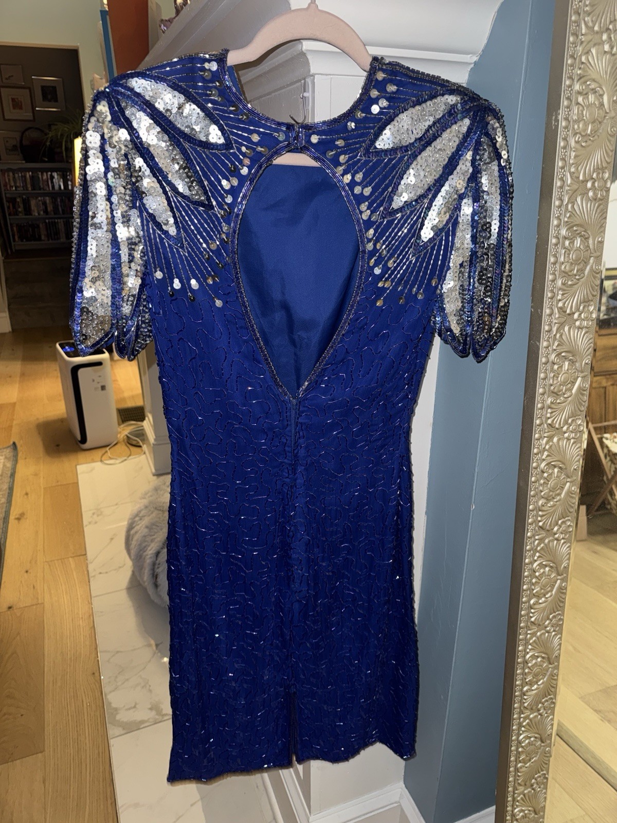 Vintage Gantos Blue 100% Pure Silk Sequin Short Sleeve Cocktail Dress Size Small