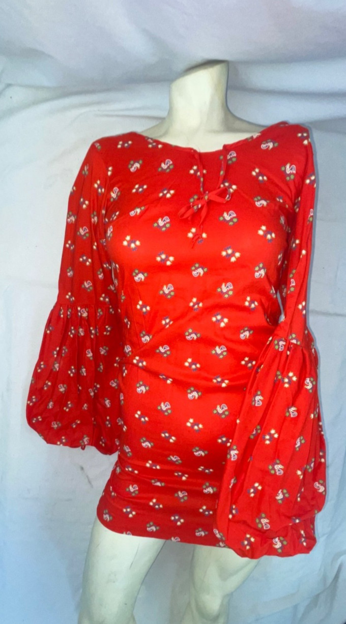 VTG 60s 70s WOMENS S NEW RED BELLE SLEEVE DISCO HIPPY ROOSTER CHICKEN MINI DRESS