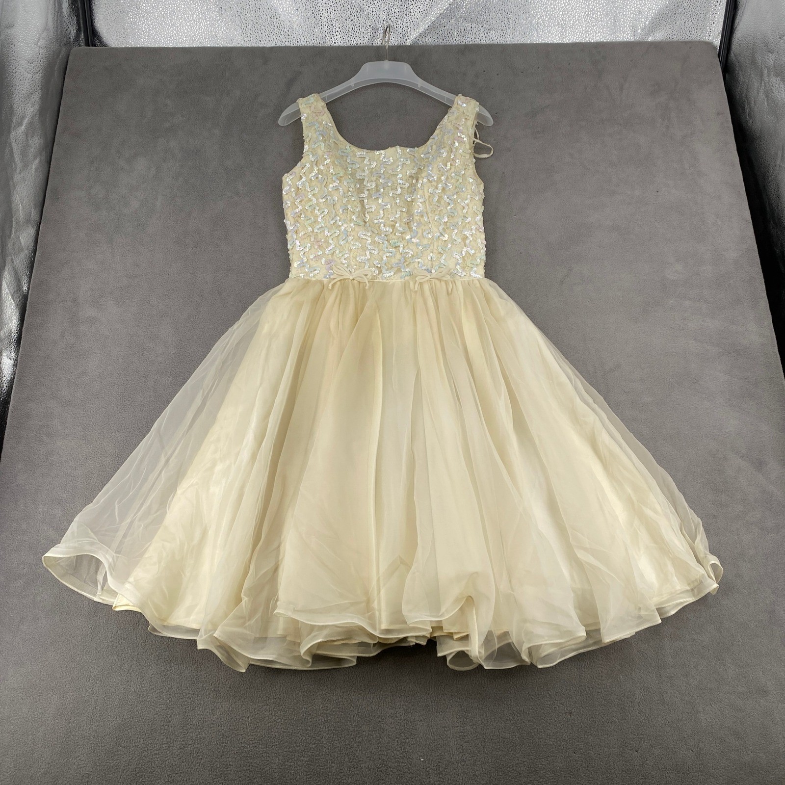 Vintage 50s 60s ILGWU Sequin Lace Tulle Party Dress Cream Fit Flare XS S