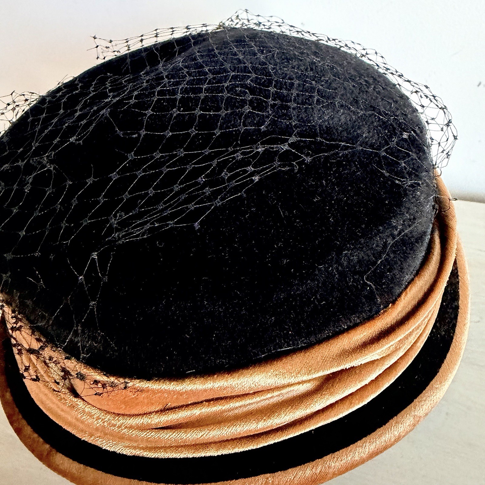 Vintage Original By Michael Terre Hat Black Velvet Gold Silk Band Birdcage Veil