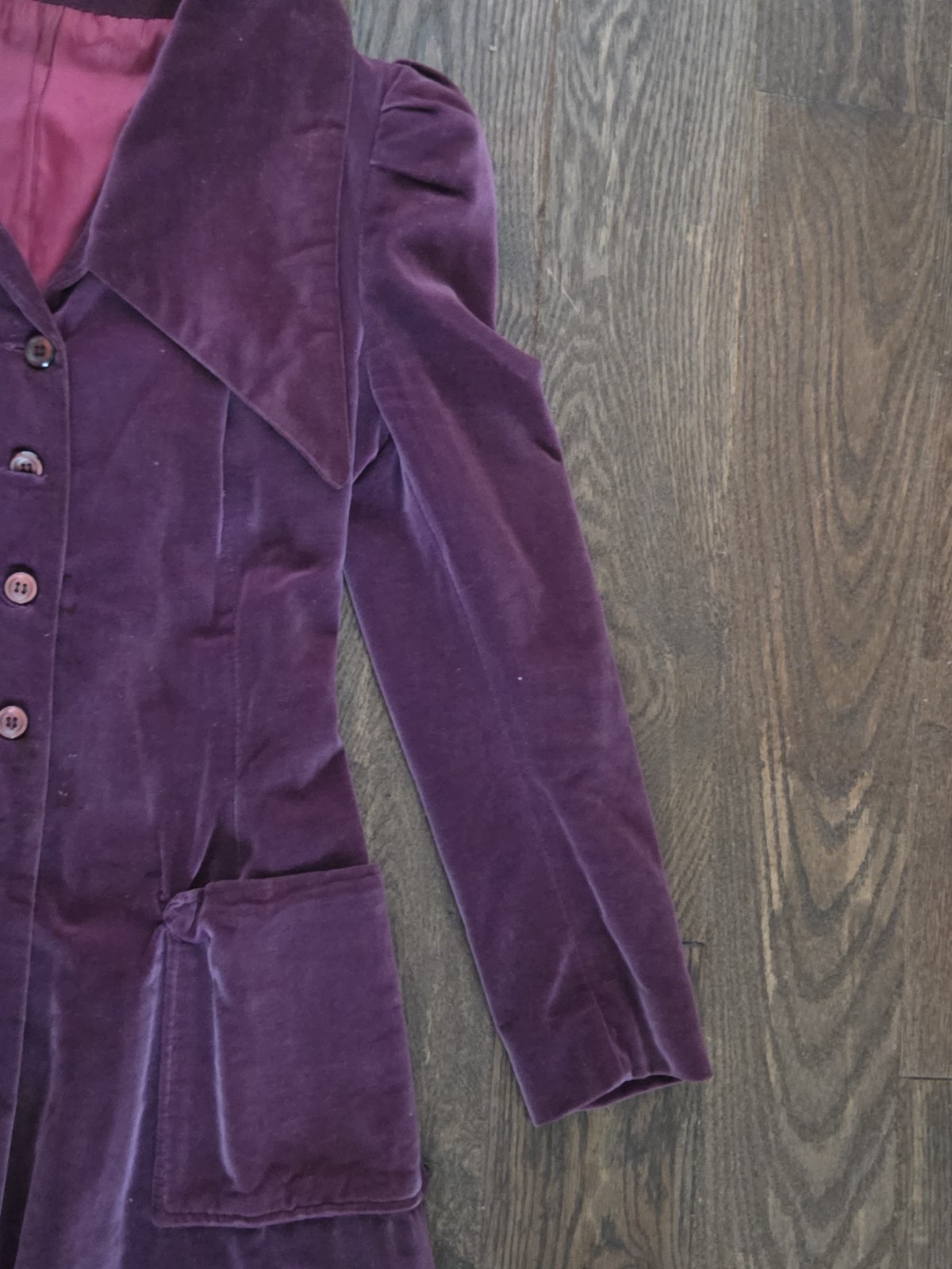 Vintage 1940s Plum Purple Cotton Velvet Coat Dress Puff Sleeve Oversized Collar