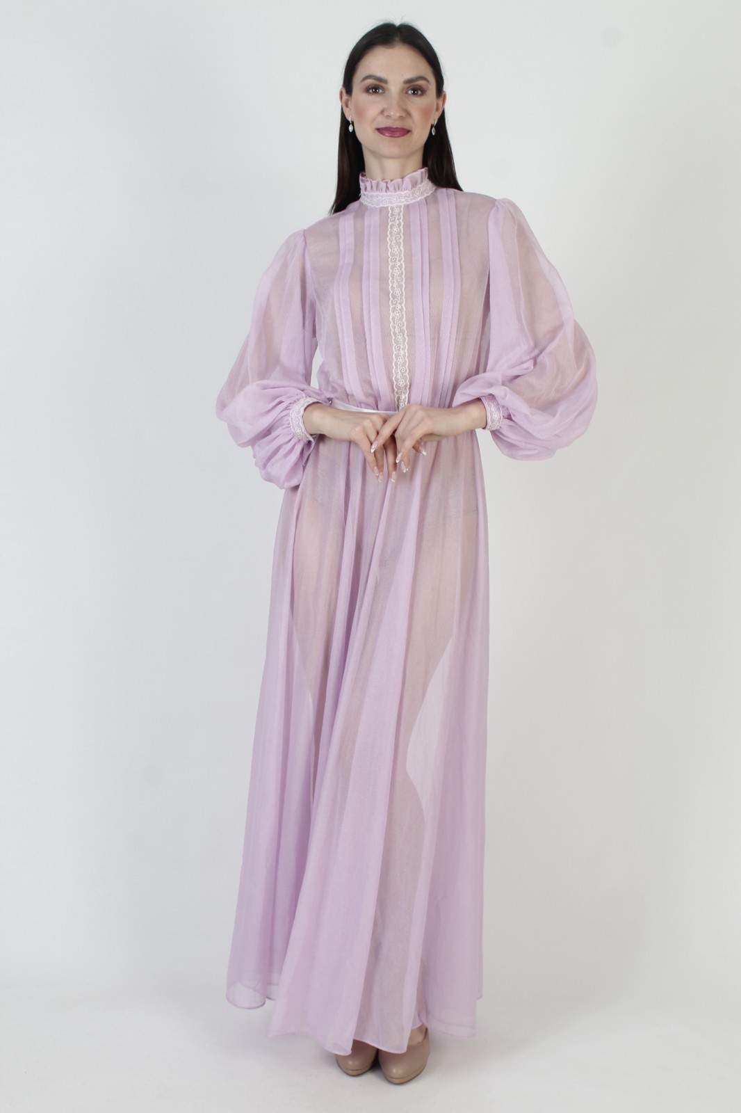 Vtg Sheer Purple Dress Sexy See Through Poet Bell Slv Bridesmaid Victorian Gown