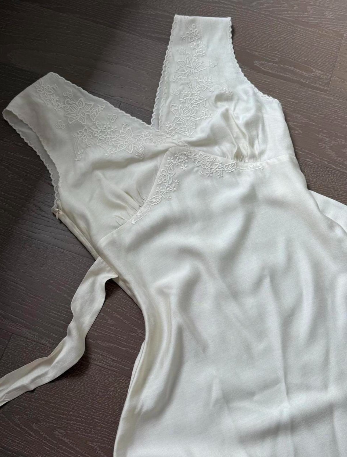 Vintage Ivory Satin Slip Dress Lace Embroidered Maxi Midi Coquette Fairy Dress S