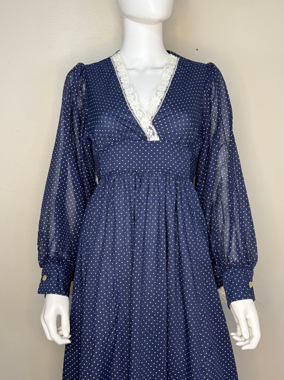 Vintage 1970s Navy Blue Polka Dot Maxi Dress 70s Huge Bishop Sleeves Lace Trim