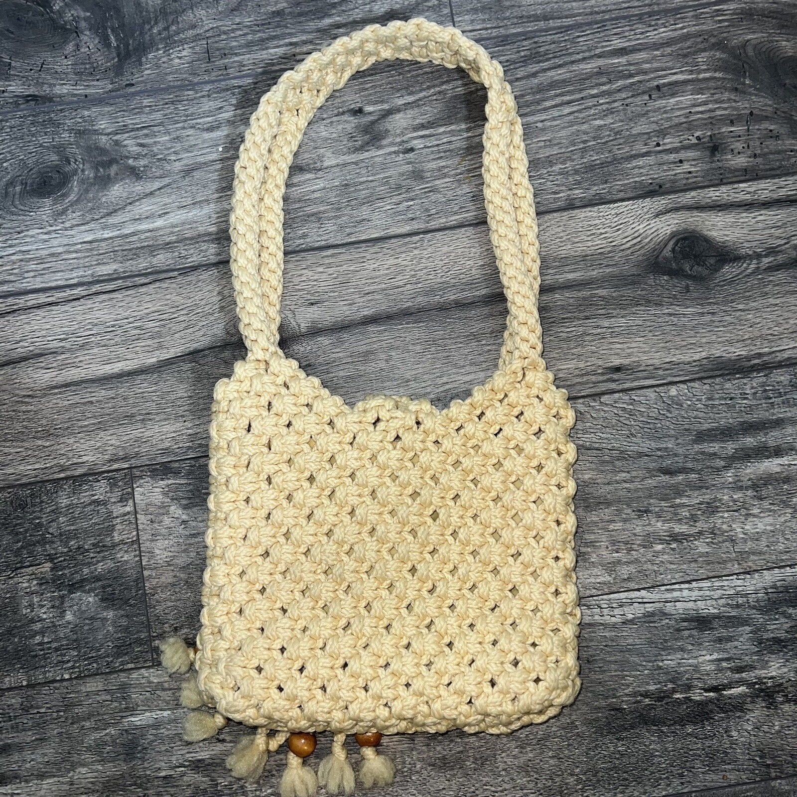 Macrame Purse Handbag-Unbranded-Vintage-Cream Ivory-Wooden Beads