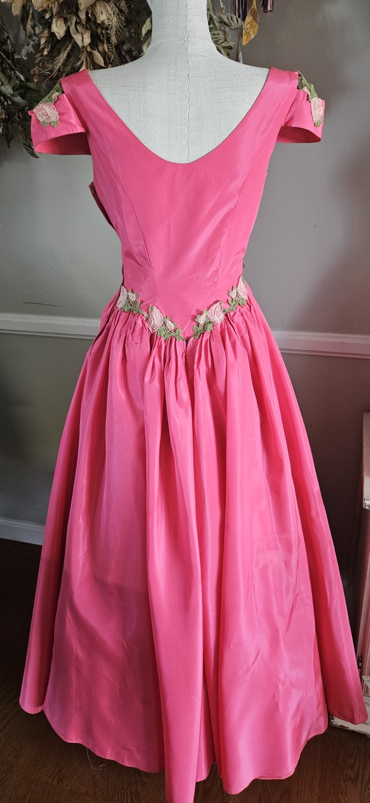 Vintage 1950s Custom Made Ballgown With Floral Accents And Open Shoulders…