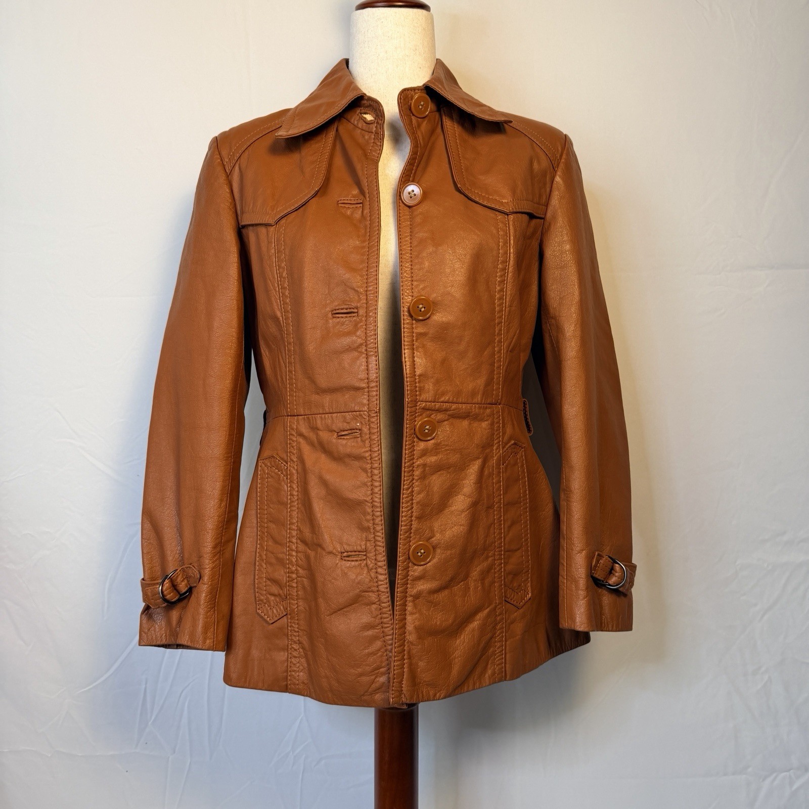 Rare Womens Vintage Retro 1970s Tan cognac brown Leather Button-Front Jacket,