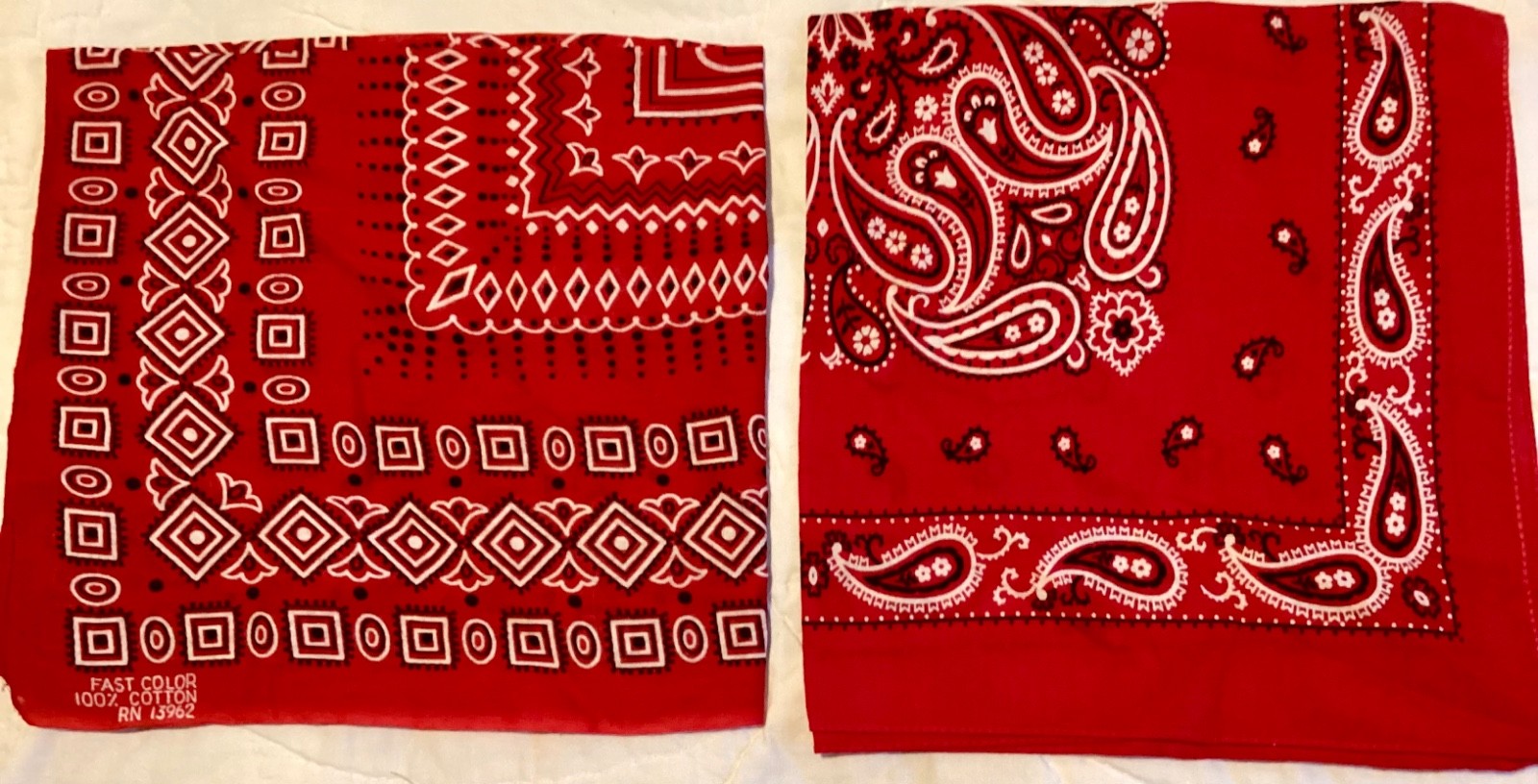 Vintage Lot of 2 Red Bandanas…Made in USA…Fast Color…100% Cotton
