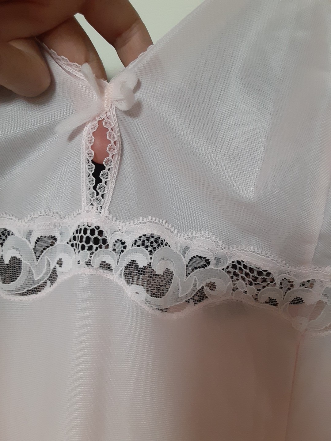 Vtg Pflegeleicht 46 M-L Pink Night Dress Slip Synthetic Lace Lingerie Knee Europ