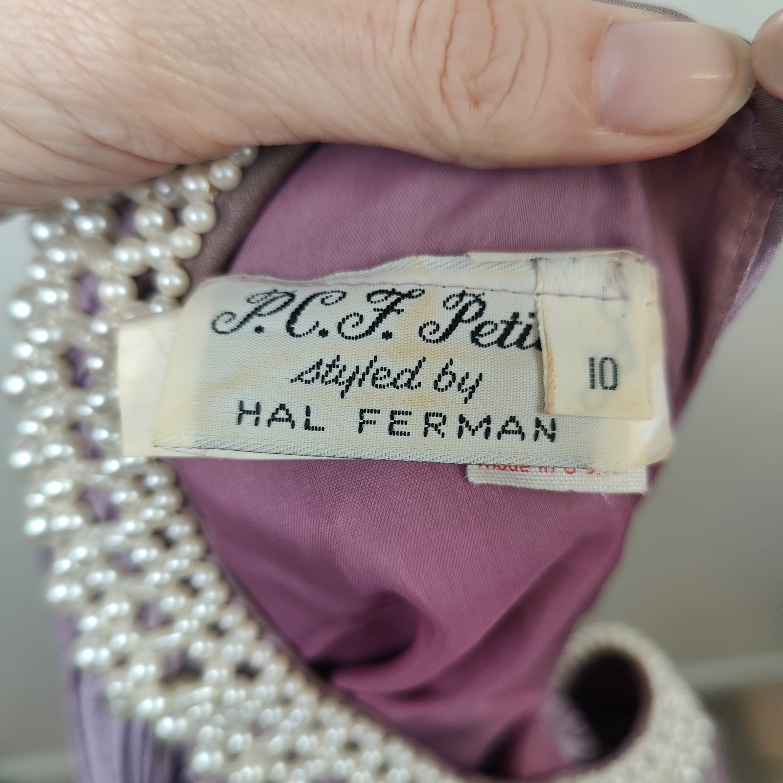 Vintage 70s P.C.F. Petites Womens Dress 10 Purple Pearl Collar Pleated Regency