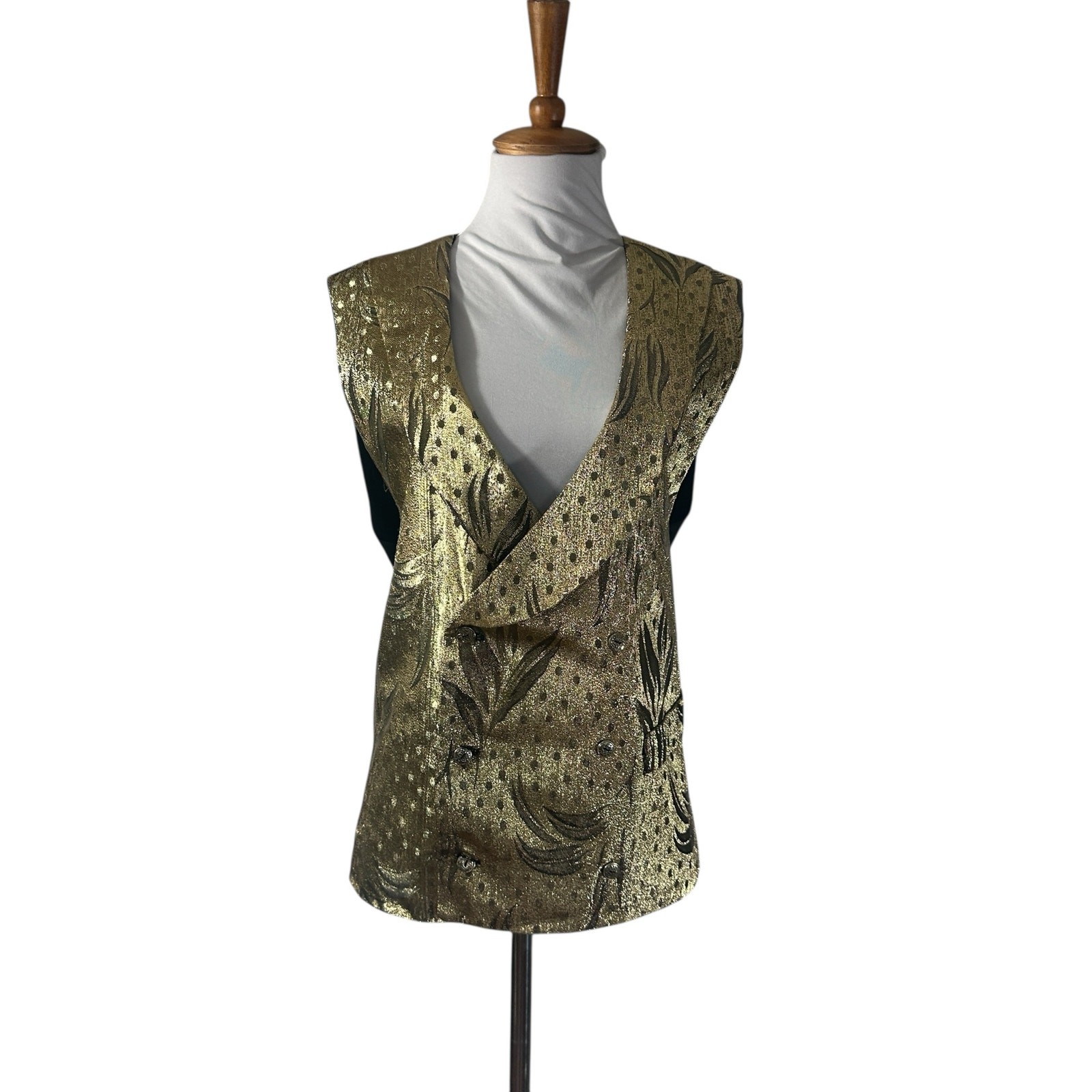 Vintage 80s Gold Metallic Lamé Brocade Custom Made Cocktail Vest L XL