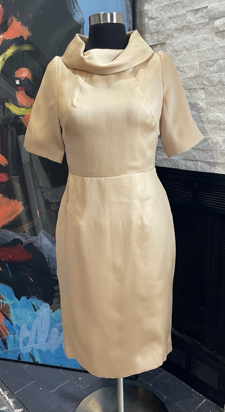 Vintage 1960s High Collar Wiggle Pencil Tailor Made Dress Ivory Satin Dress